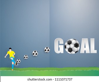 Soccer player man isolated Kick the Football on green grass background,vector and illustration craft style.