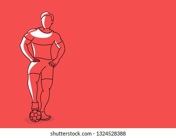 Soccer Player Man Standing - Line Art Design, Vector Illustration.
