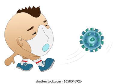 Soccer player in medical mask kicks the dangerous corona virus. The concept of sporting events during the epidemic. Personal protective equipment against bacteria. Isolated on a white.