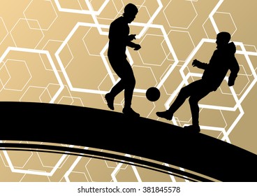Soccer player men silhouettes with ball in active and healthy seasonal outdoor sport abstract background illustration vector
