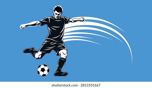 Of a soccer player in mid-air kick, blue background