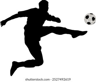 A soccer player in mid-air performing a powerful kick towards a soccer ball. The athlete is captured in a dynamic pose with one leg extended high and arms positioned for balance. 