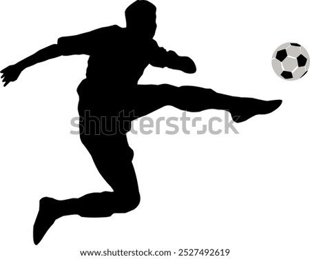 A soccer player in mid-air performing a powerful kick towards a soccer ball. The athlete is captured in a dynamic pose with one leg extended high and arms positioned for balance. 