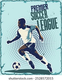 Soccer player in motion and action with ball isolated on dark purple background. Soccer players kicking the ball with a flowing line neon. Banner
