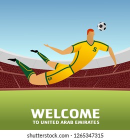 Soccer player on background with soccer stadium. 2018, 2019 trend. Asian Football Cup, Club World Cup in United Arab Emirates. Full color vector illustration in flat style.