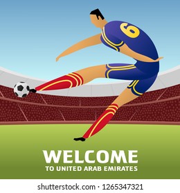 Soccer player on background with soccer stadium. 2018, 2019 trend. Asian Football Cup, Club World Cup in United Arab Emirates. Full color vector illustration in flat style.