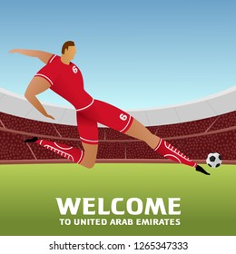 Soccer player on background with soccer stadium. 2018, 2019 trend. Asian Football Cup, Club World Cup in United Arab Emirates. Full color vector illustration in flat style.