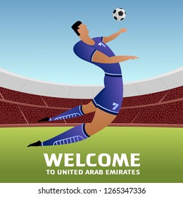 Soccer player on background with soccer stadium. 2018, 2019 trend. Asian Football Cup, Club World Cup in United Arab Emirates. Full color vector illustration in flat style.