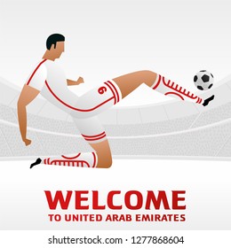 Soccer player on background with soccer stadium. 2018, 2019 trend. Asian Football Cup, Club World Cup in United Arab Emirates. Full color vector illustration in flat style.