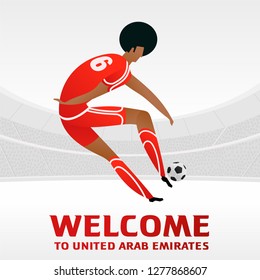 Soccer player on background with soccer stadium. 2018, 2019 trend. Asian Football Cup, Club World Cup in United Arab Emirates. Full color vector illustration in flat style.