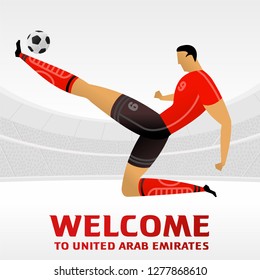 Soccer player on background with soccer stadium. 2018, 2019 trend. Asian Football Cup, Club World Cup in United Arab Emirates. Full color vector illustration in flat style.