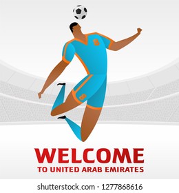 Soccer player on background with soccer stadium. 2018, 2019 trend. Asian Football Cup, Club World Cup in United Arab Emirates. Full color vector illustration in flat style.
