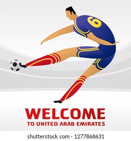 Soccer player on background with soccer stadium. 2018, 2019 trend. Asian Football Cup, Club World Cup in United Arab Emirates. Full color vector illustration in flat style.