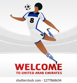 Soccer player on background with soccer stadium. 2018, 2019 trend. Asian Football Cup, Club World Cup in United Arab Emirates. Full color vector illustration in flat style.