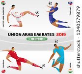 Soccer player on gray background with modern and traditional elements. 2018, 2019 trend. Asian Football Cup, Club World Cup in United Arab Emirates. Full color vector illustration in flat style.