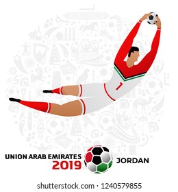 Soccer player on gray background with modern and traditional elements. 2018, 2019 trend. Asian Football Cup, Club World Cup in United Arab Emirates. Full color vector illustration in flat style.