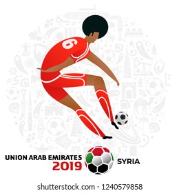 Soccer player on gray background with modern and traditional elements. 2018, 2019 trend. Asian Football Cup, Club World Cup in United Arab Emirates. Full color vector illustration in flat style.