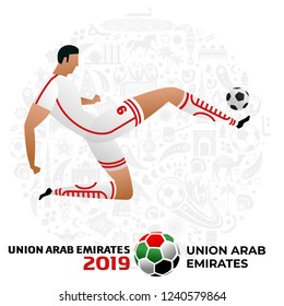 Soccer player on gray background with modern and traditional elements. 2018, 2019 trend. Asian Football Cup, Club World Cup in United Arab Emirates. Full color vector illustration in flat style.