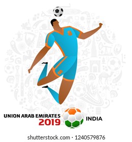 Soccer player on gray background with modern and traditional elements. 2018, 2019 trend. Asian Football Cup, Club World Cup in United Arab Emirates. Full color vector illustration in flat style.