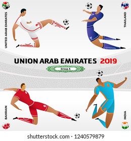 Soccer player on gray background with modern and traditional elements. 2018, 2019 trend. Asian Football Cup, Club World Cup in United Arab Emirates. Full color vector illustration in flat style.