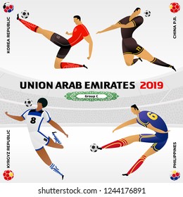 Soccer player on gray background with modern and traditional elements. 2018, 2019 trend. Asian Football Cup, Club World Cup in United Arab Emirates. Full color vector illustration in flat style.