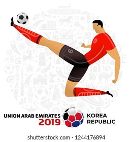 Soccer player on gray background with modern and traditional elements. 2018, 2019 trend. Asian Football Cup, Club World Cup in United Arab Emirates. Full color vector illustration in flat style.