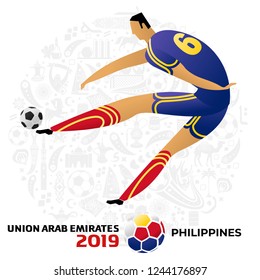 Soccer player on gray background with modern and traditional elements. 2018, 2019 trend. Asian Football Cup, Club World Cup in United Arab Emirates. Full color vector illustration in flat style.