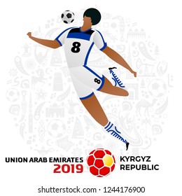 Soccer player on gray background with modern and traditional elements. 2018, 2019 trend. Asian Football Cup, Club World Cup in United Arab Emirates. Full color vector illustration in flat style.