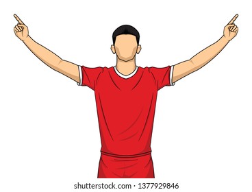 Soccer player on red uniform. happy celebration isolated on white background. vector illustration.