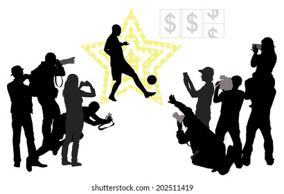 Soccer player on star background  and group of people with camera.Vector silhouettes. EPS 10