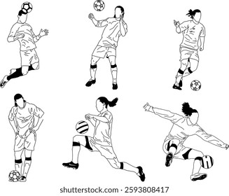 "Soccer Player Outline Sketches for Sports Design"
"Six different soccer player sketches illustrating athletic motion and energy. The black and white outline style is perfect for logos, infographics, 