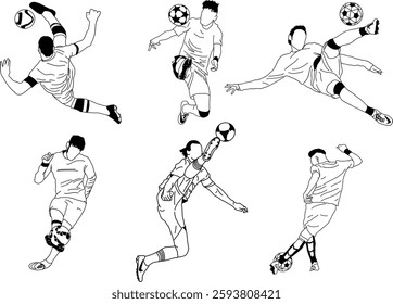 "Soccer Player Outline Sketches for Sports Design"
"Six different soccer player sketches illustrating athletic motion and energy. The black and white outline style is perfect for logos, infographics, 