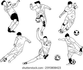 "Soccer Player Outline Sketches for Sports Design"
"Six different soccer player sketches illustrating athletic motion and energy. The black and white outline style is perfect for logos, infographics, 