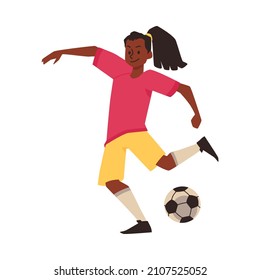 Soccer player pass ball, plays football. Cartoon character striker in sport game kicks penalty kick in flat vector illustration isolated on white background. African teen guy in uniform