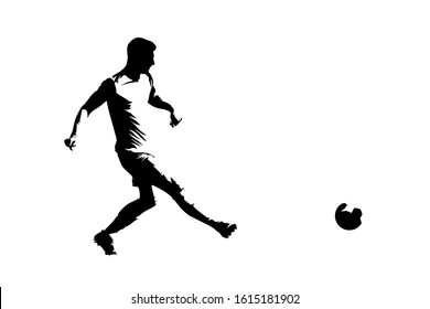 Soccer player passing ball, isolated vector silhouette, ink drawing, side view