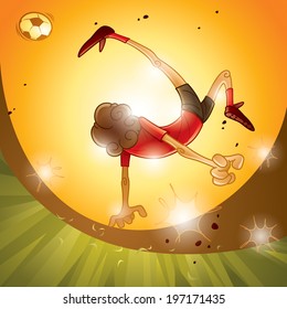 A soccer player performing bicycle kick, sunset scene.