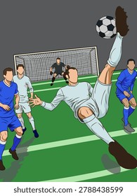 Soccer player performing bicycle kick near goal post in football match vector illustration with dynamic sport action