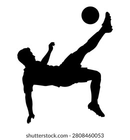 Soccer player performing bicycle kick, football player kicking ball in mid-air, athletic maneuver, black silhouette.
