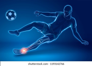 A soccer player performing sidekick with his ankle injured, x-ray effect in 3d illustration