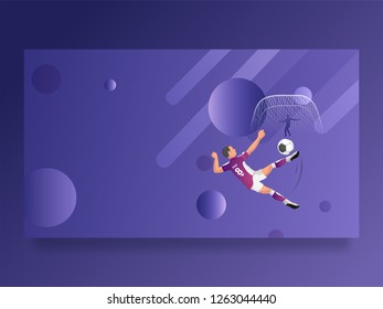 Jugador de fútbol jugando acción sobre fondo púrpura abstracto, afiche o diseño de banner.