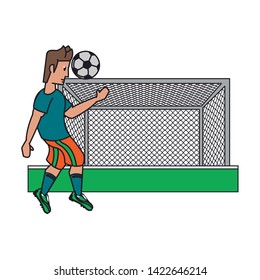 Soccer player playing with ball passing by goal cartoon vector illustration graphic design