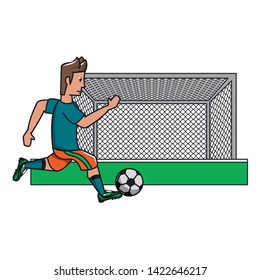 Soccer player playing with ball passing by goal cartoon vector illustration graphic design