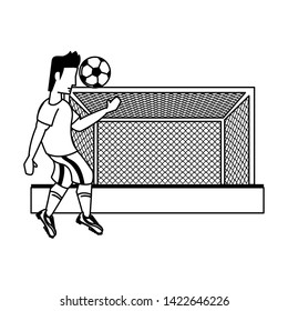 Soccer player playing with ball passing by goal cartoon vector illustration graphic design