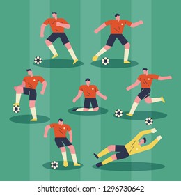 A soccer player playing the ball in various poses and a goalkeeper blocking him. flat design style minimal vector illustration
