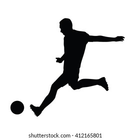 Soccer player playing with ball. Vector isolated silhouette. Footballer kicking