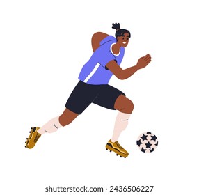 Soccer player playing football, running for kicking and passing ball. Black man, sport game. African-American athlete, sportsman in action. Flat vector illustration isolated on white background