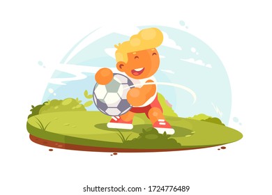 Jugador de fútbol jugando en la ilustración vectorial de campo. Niñito sonriente con futbol juega al fútbol con un diseño de campo de juego plano. Aislado sobre fondo blanco