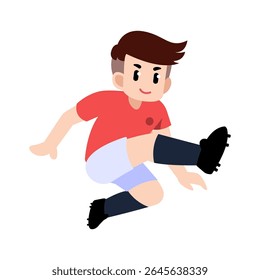 Um jogador de futebol posando no ar enquanto chuta