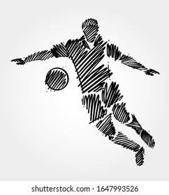 Un jugador de fútbol se prepara para patear el balón. Dibujo simple con pinceladas negras sobre fondo claro