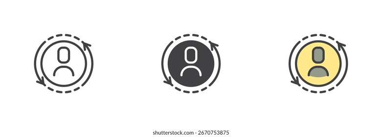 Soccer player profile in circle frame different style icon set. Line, solid and filled outline vector icon. Colorful football sign, avatar sport symbol illustration.